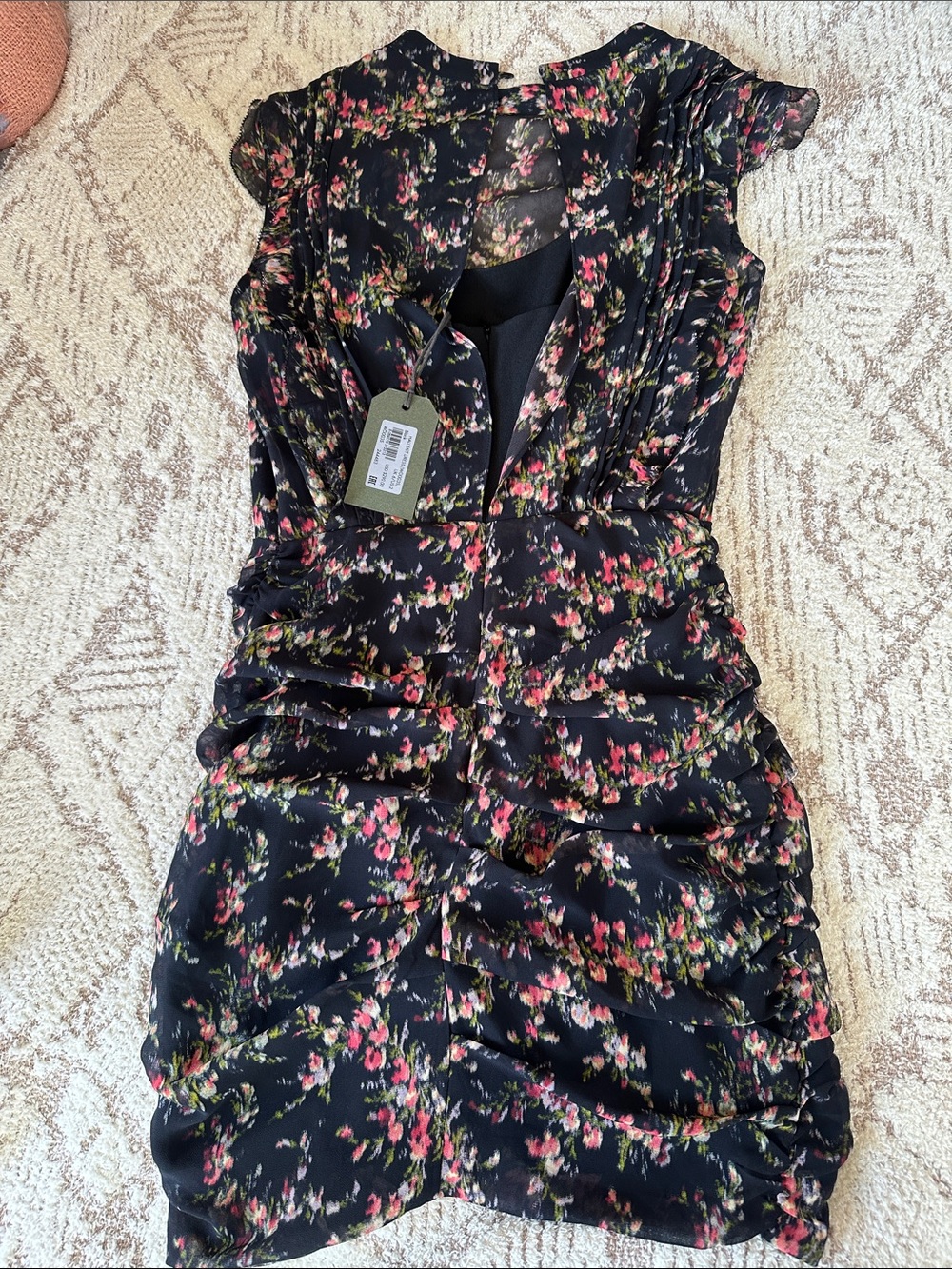 AllSaints NWT Draped Floral Mini Dress Black Silk Blend - Picture 2 of 16